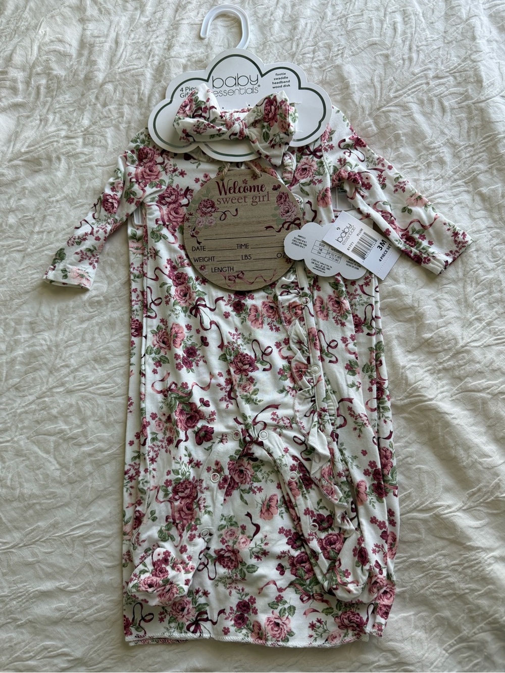 Baby Essentials Rose Floral Pink Gown with Bow Headband